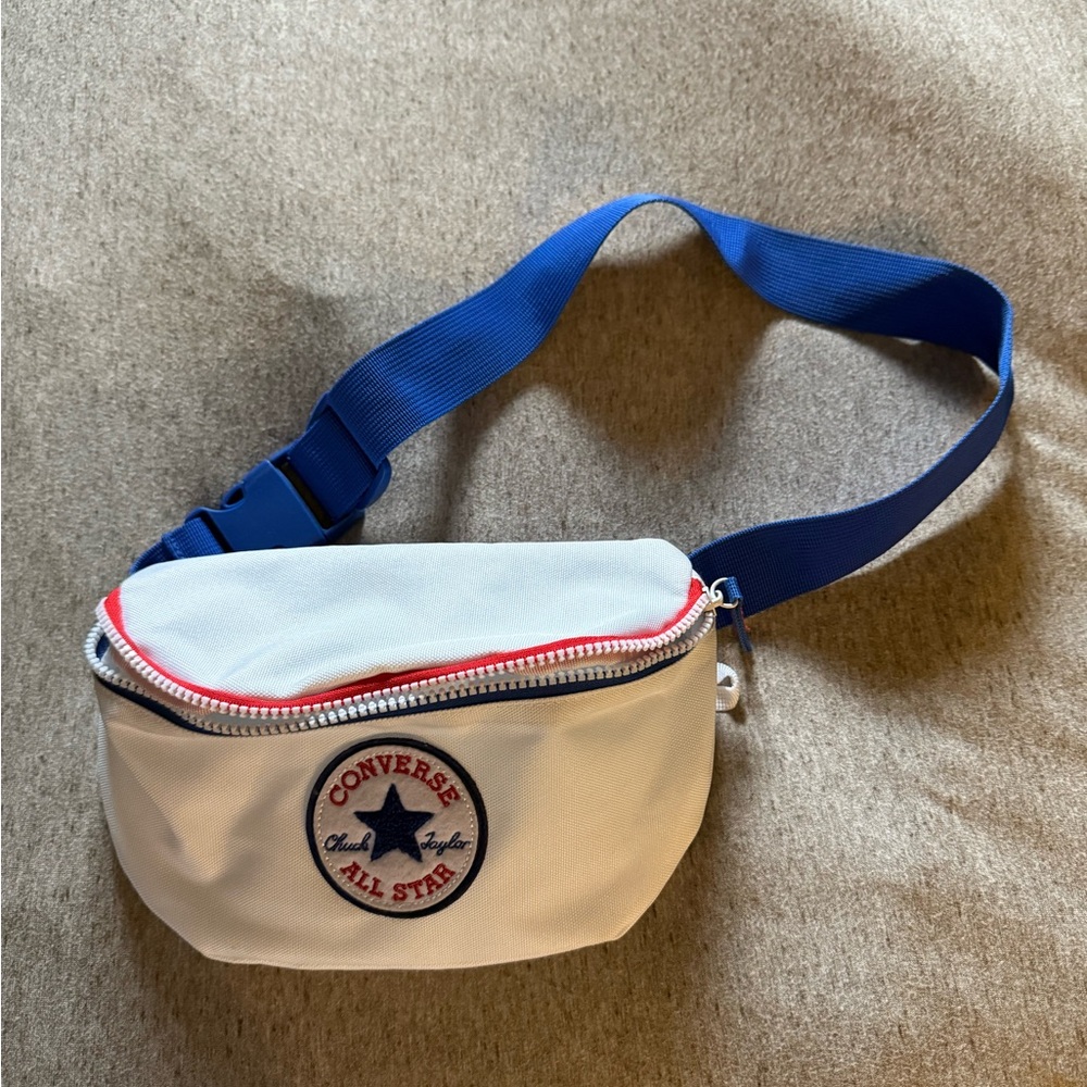 Converse White Belt Bag with Blue Strap and Red Zip Accents